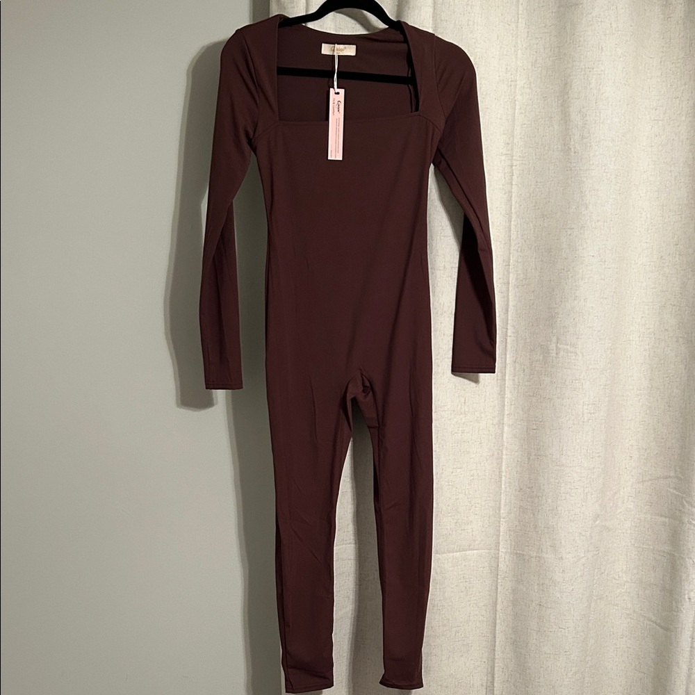 Long Sleeve Square Neck Jumpsuit - Deep Brown